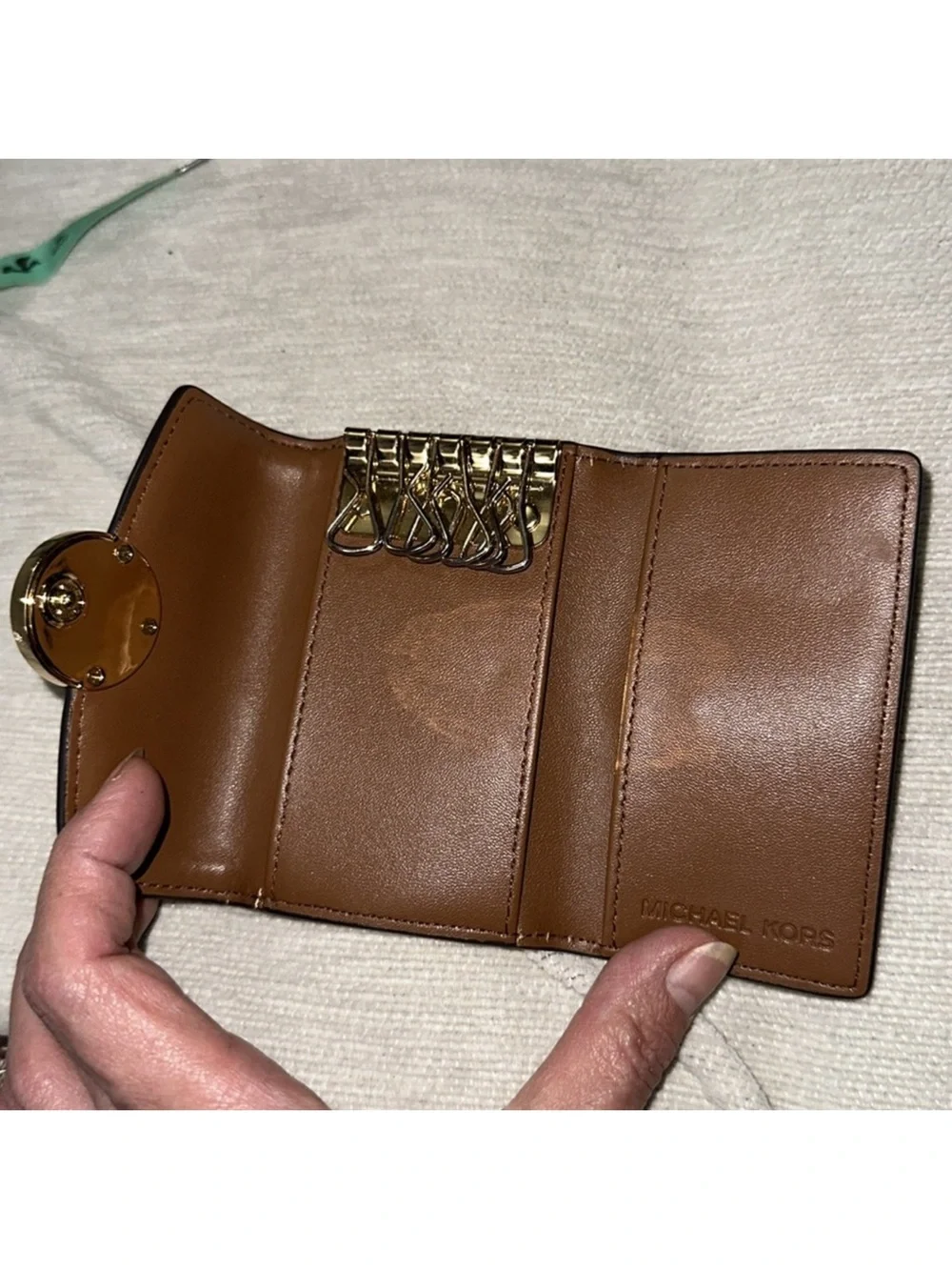 Michael Kors white signature coated canvas and brown leather gold 6 key holder